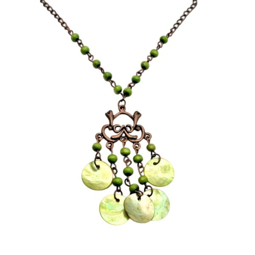 Bronze Tone Chain Green Wooden‎ Beads and Mother of Pearl Disc Fringe Necklace